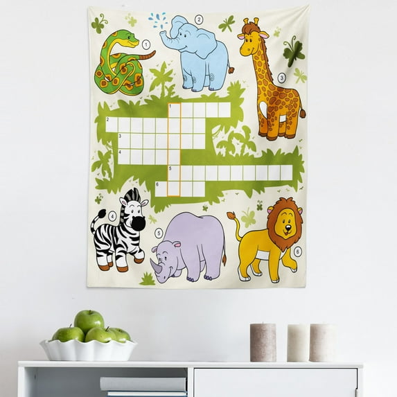 Word Search Puzzle Tapestry, Colorful Crossword Game for Wild Jungle Safari Animals Grid, Fabric Wall Hanging Decor for Bedroom Living Room Dorm, 5 Sizes, Multicolor, by Ambesonne