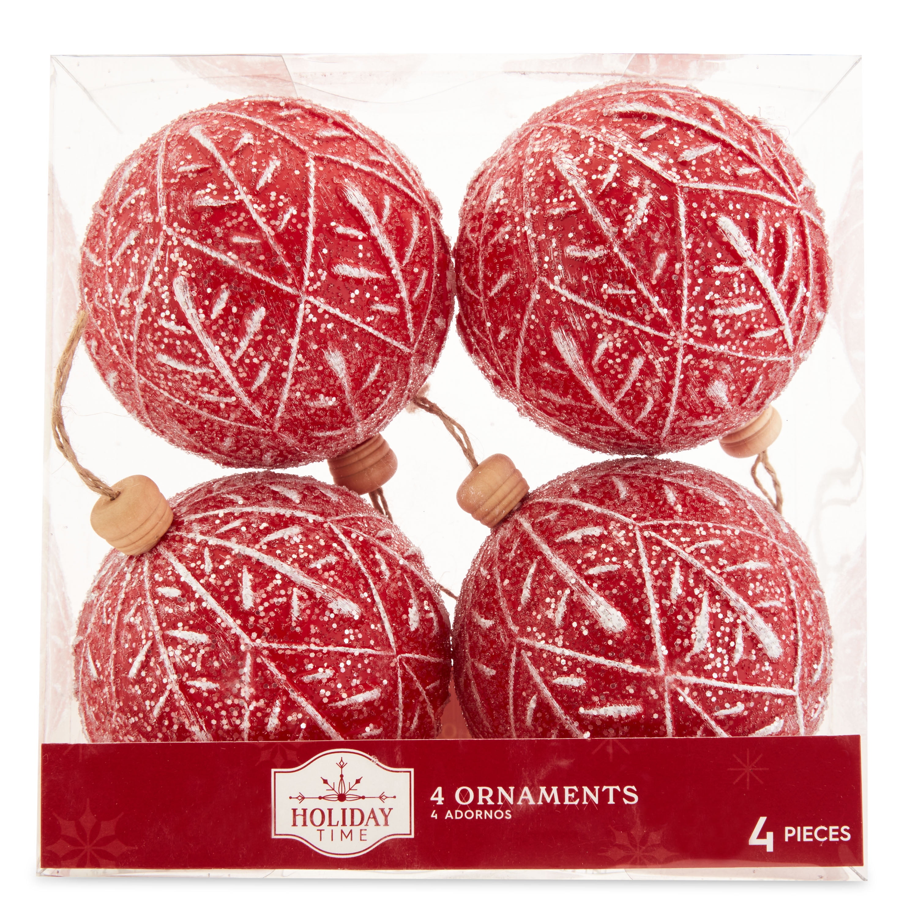 Holiday Time Holly Holidays 4pc Red White Plastic Molded Ball Ornament with Embossed Leaves Detail