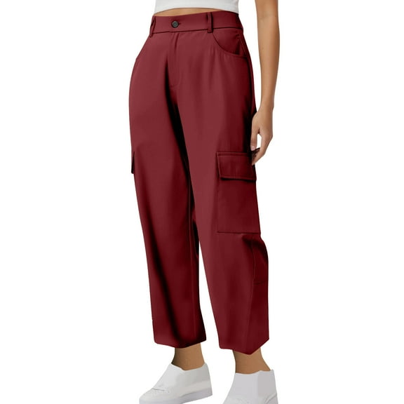 Cotton Cargo Pants for Women Stretch High Waisted Pant Ankle Length Multi-pockets Twill Trousers (XL, Wine)