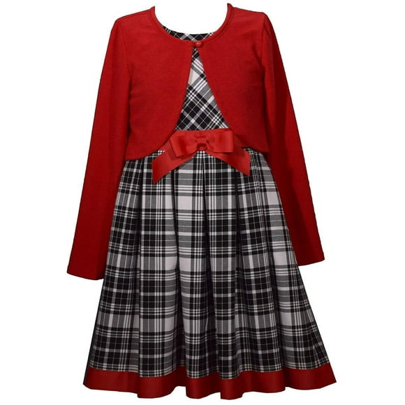 Bonnie Jean Holiday Plaid Dress with Red Sweater Cardigan for Infant, Toddler, Little and Big Girls (12 Months)