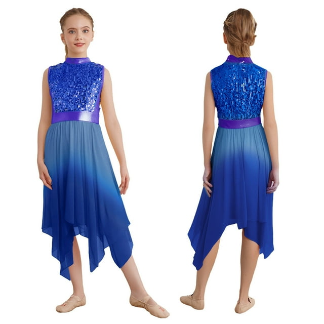 CHICTRY Robe de Danse Sans Manches à Sequins pour Filles, Tunique de Culte Irrégulière pour Église, Bleu 10
