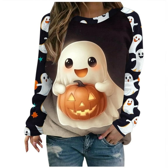 Auroural Long Sleeve Shirts for Women Plus Size Women's Halloween Printed Loose Round Neck Sweatshirt Multicolor XXL