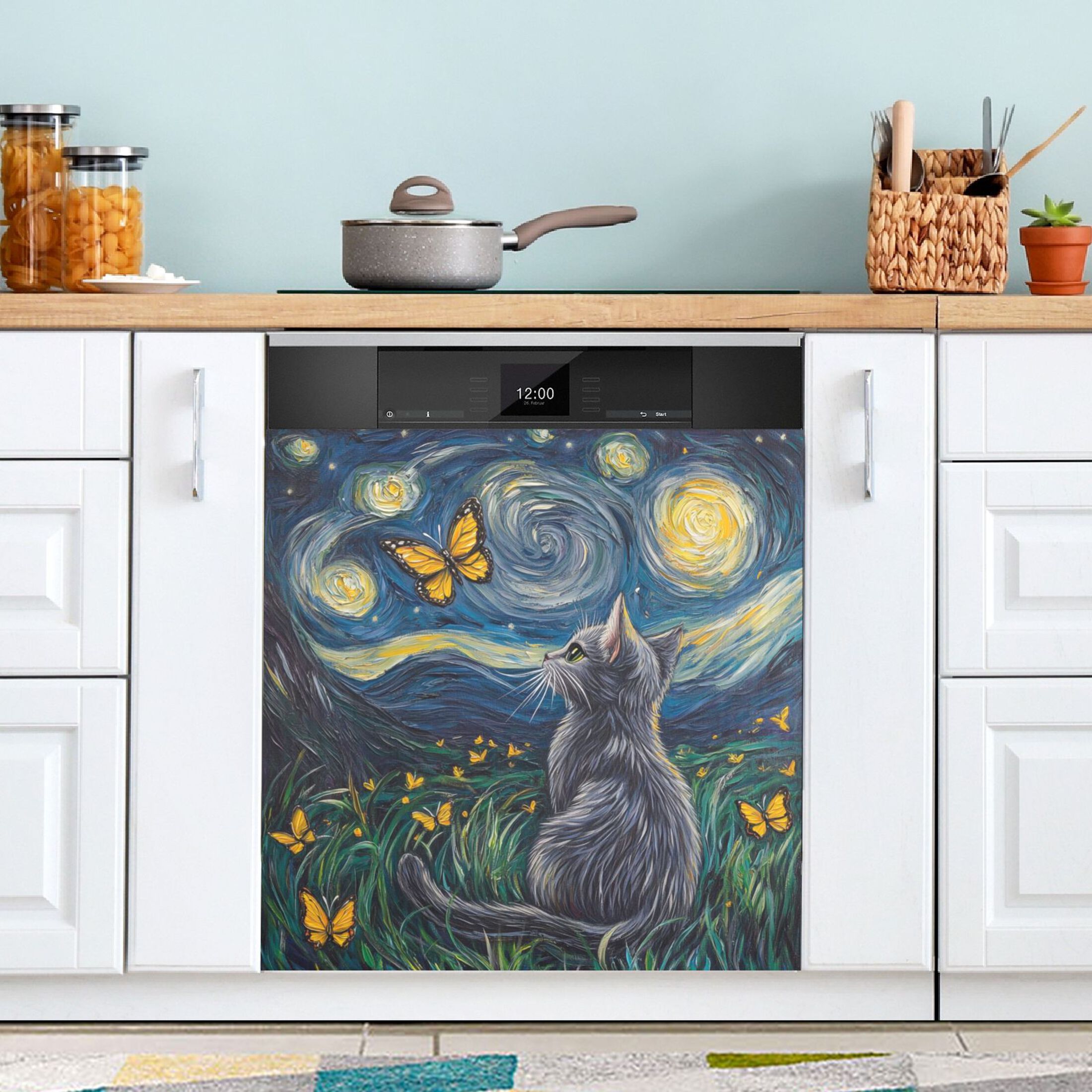 Dishwasher Magnetic Sticker 23x26 Inch Refrigerator Magnetic Sticker Washing Machine Magnetic Sticker Kitchen Panel Magnetic Sticker Home Decor Starry Sky Cartoon Cat