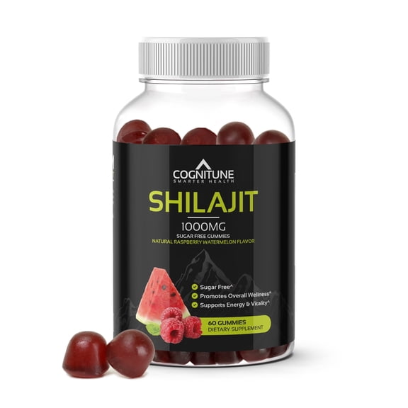 Cognitune Shilajit Gummies, 1000mg Extract, Sugar-Free, Vegan, Natural Raspberry Watermelon Flavor, 60 Count