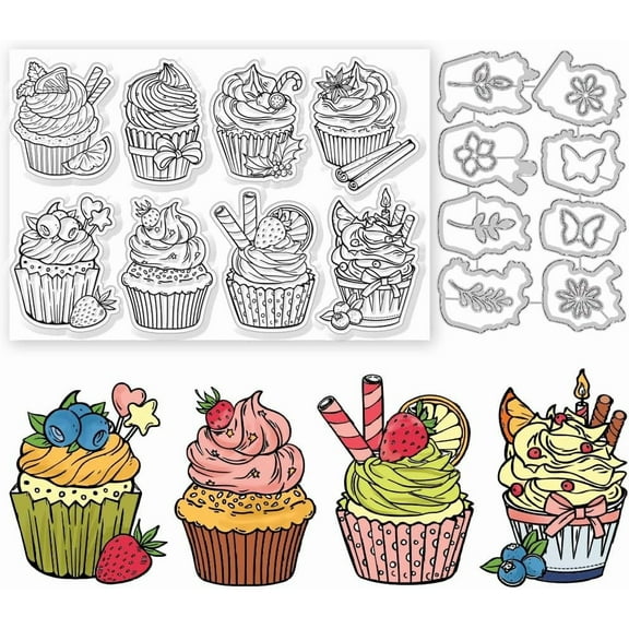 Cupcake Clear Stamps and Cutting Dies Cupcake Stamps and Embossing Die Cuts Silicone Stamp Cards and Metal Cutting Die for Card Making and DIY Embossing Scrapbooking