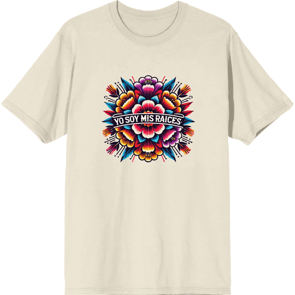 Yo Soy Mis Raices Floral Art Adult Natural Crew Neck Short Sleeve Tee-Medium