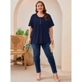 thumbnail image 3 of SHOWMALL Women's Plus Size Pleated Tunic Top, Navy Blue 3X Short Sleeve Scoop Neck Shirt with Decorative Buttons, Casual Loose Fit Summer Blouse, 3 of 8