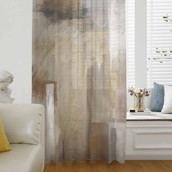 Brown Semi Sheer Curtains Drapes for Living Room, Bedroom, French Doors Window 84 Inches Long, Abstract Paint Texture Retro Smudge Graffiti Art Rod Pocket Chiffon Curtain Drapery Voile Drape Panel