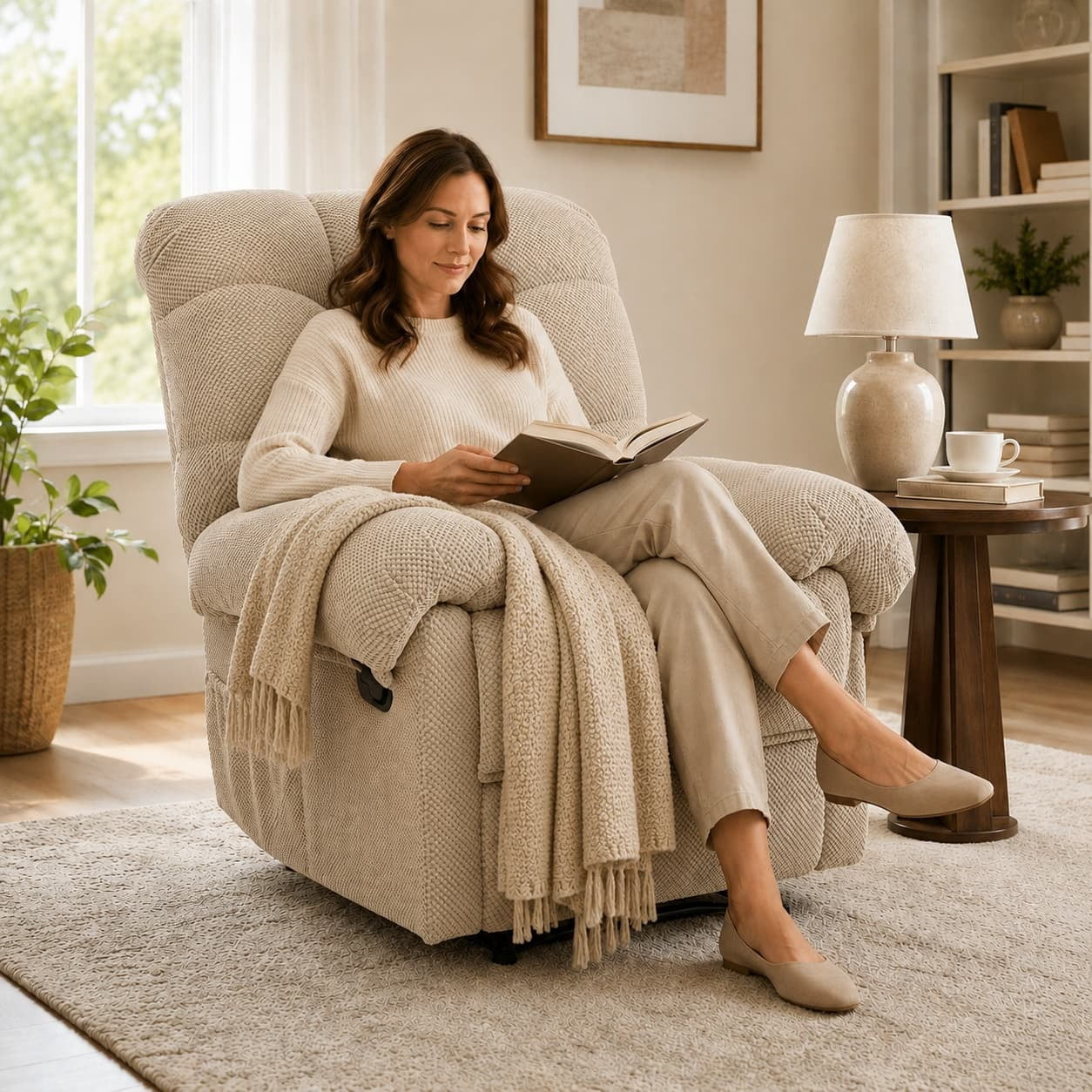 Aukfa Overstuffed Manual Recliner Chair, Upholstered Glider Lounge Armchair with Footrest for Bedroom Reading,Camel