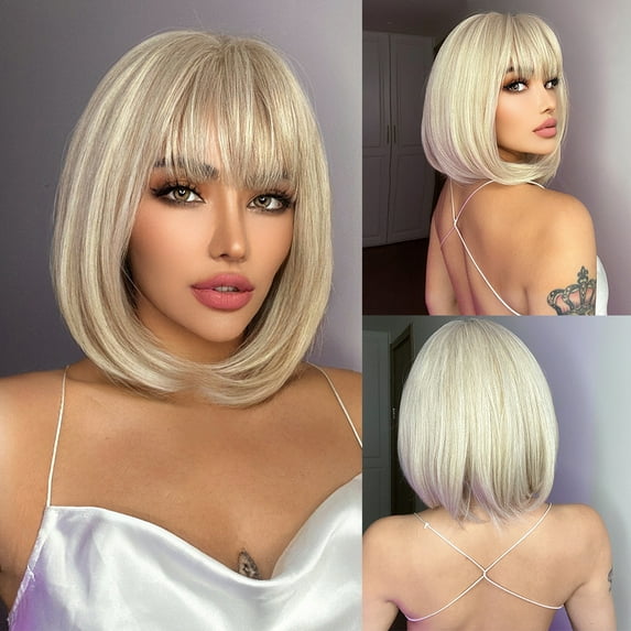 RightOn Blonde Wigs for Women Short Blonde Bob Wigs Blonde Wigs with Bangs Short Straight Blonde Wigs Synthetic Wigs with Wig Cap