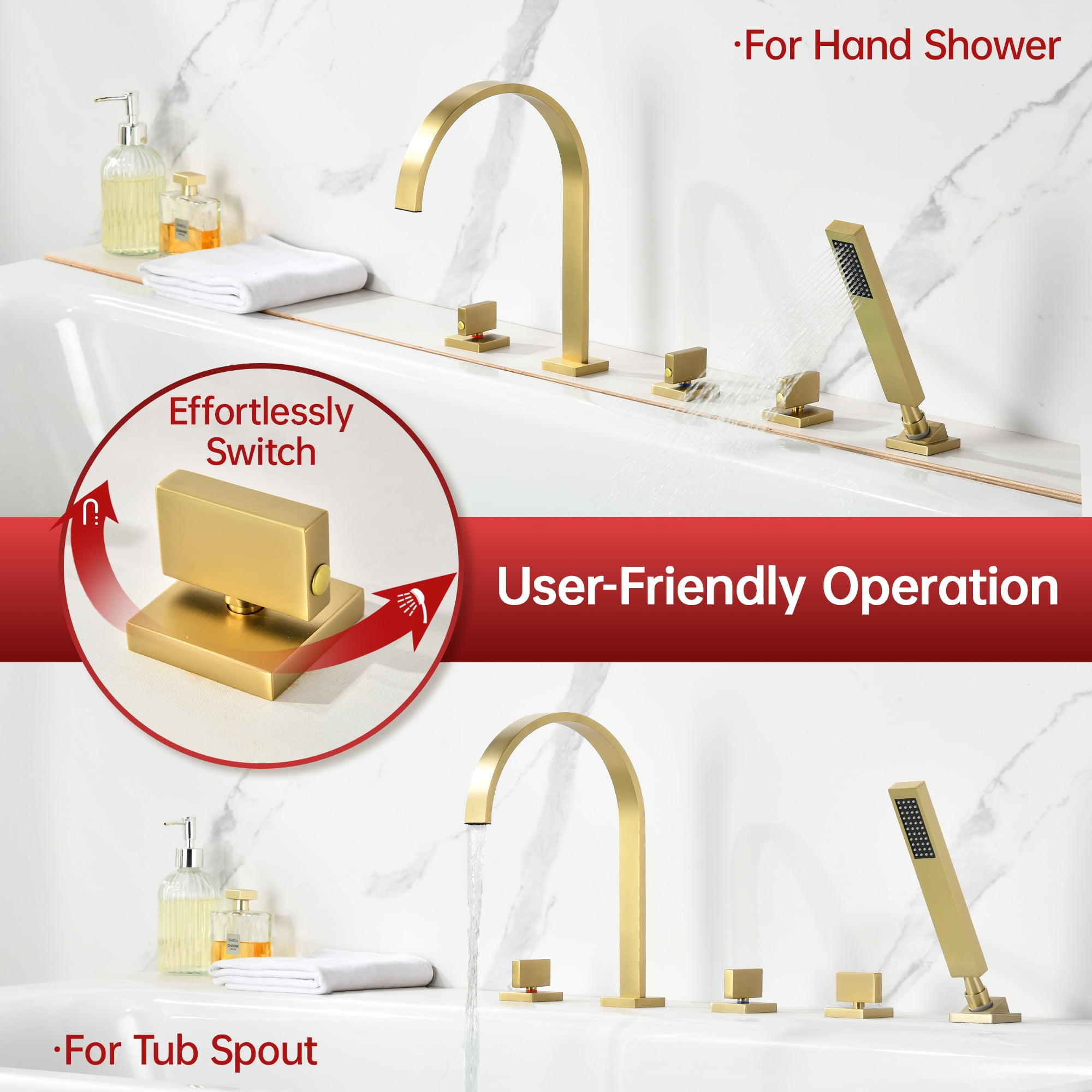 SUMERAIN Brushed Gold 5 Hole Roman Tub Faucet with Hand Shower, Deck Mount Waterfall Bathtub Faucet with Valve, High Flow