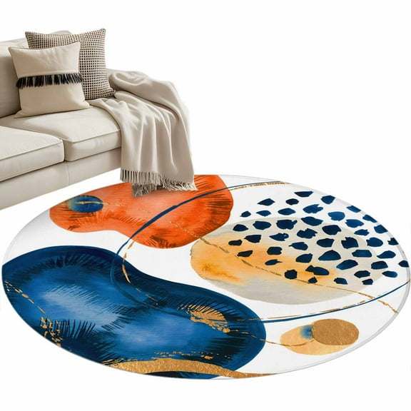 Orange Blue Boho Round Area Rug 4 FT, Non Slip Indoor Outdoor Rug, Ethnic Abstract Geometric Striped Washable Soft Circular Carpet Non-Shedding Floor Mat for Coffee Table Nursery Foyer Balcony