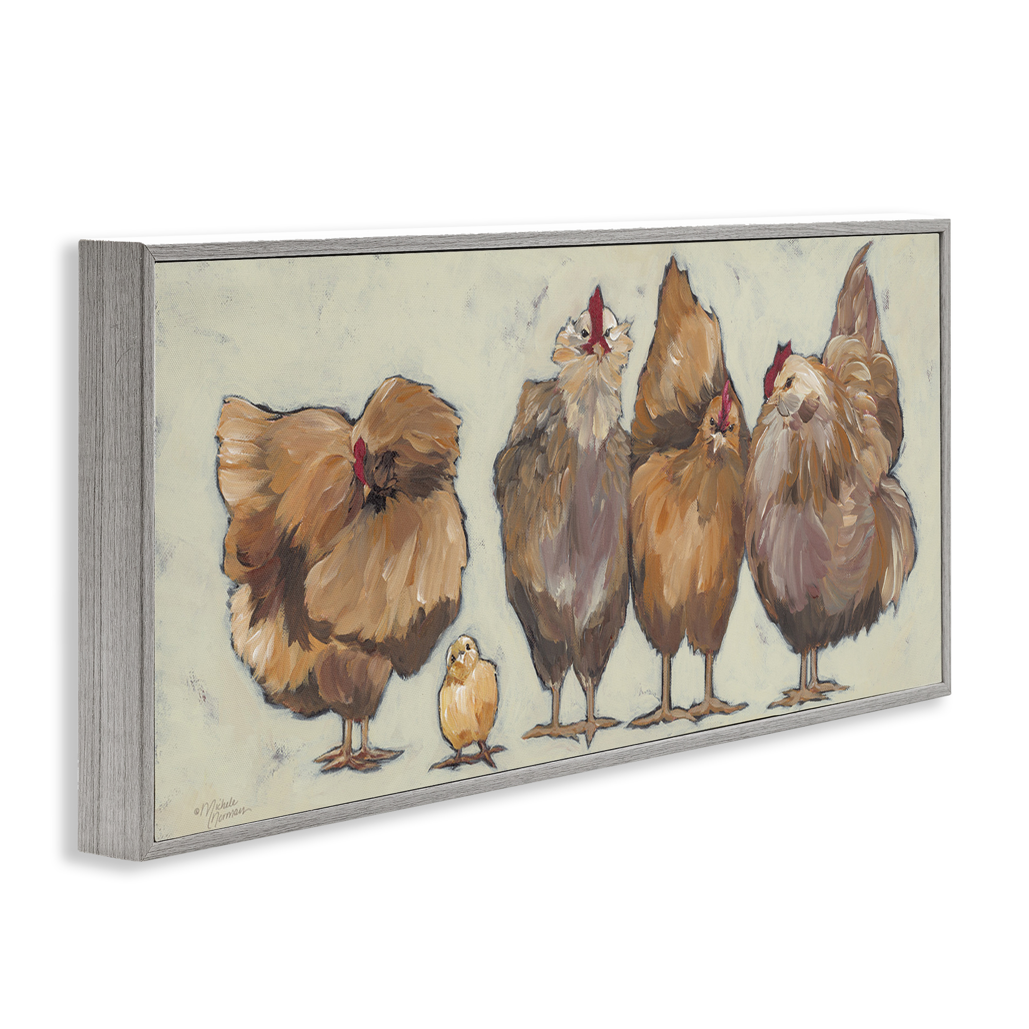 Stupell Industries Brown Hens and Chick Animals & Insects Painting Gray Framed Art Print Wall Art, 24 x 10