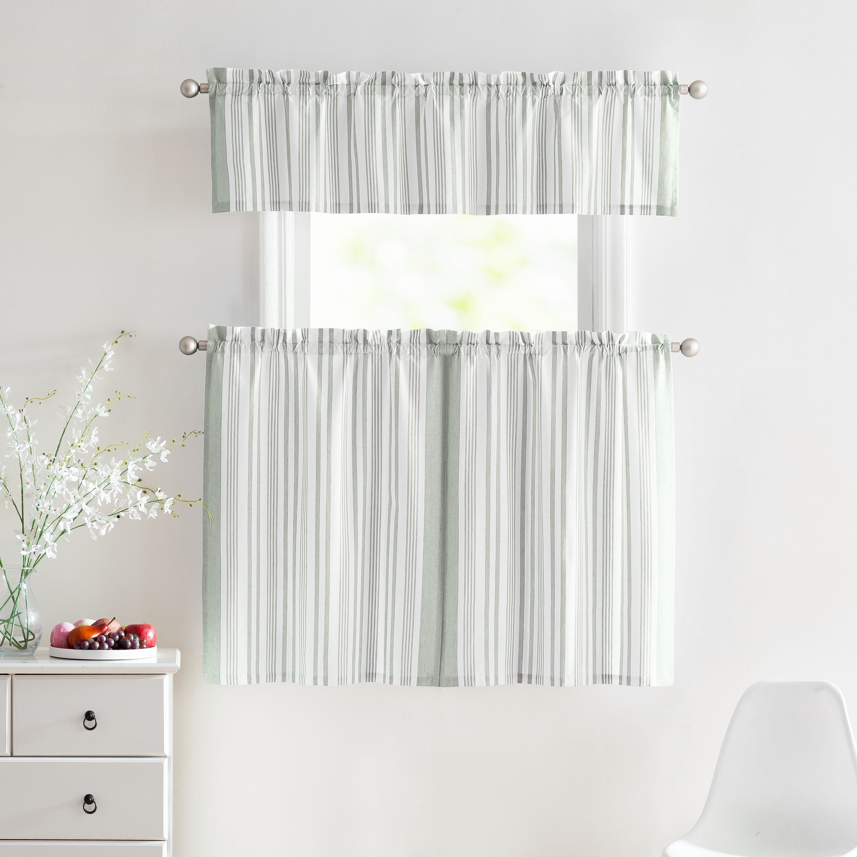 3 Piece Window Curtain Set 100 Cotton Stripe Design, One Valance, Two