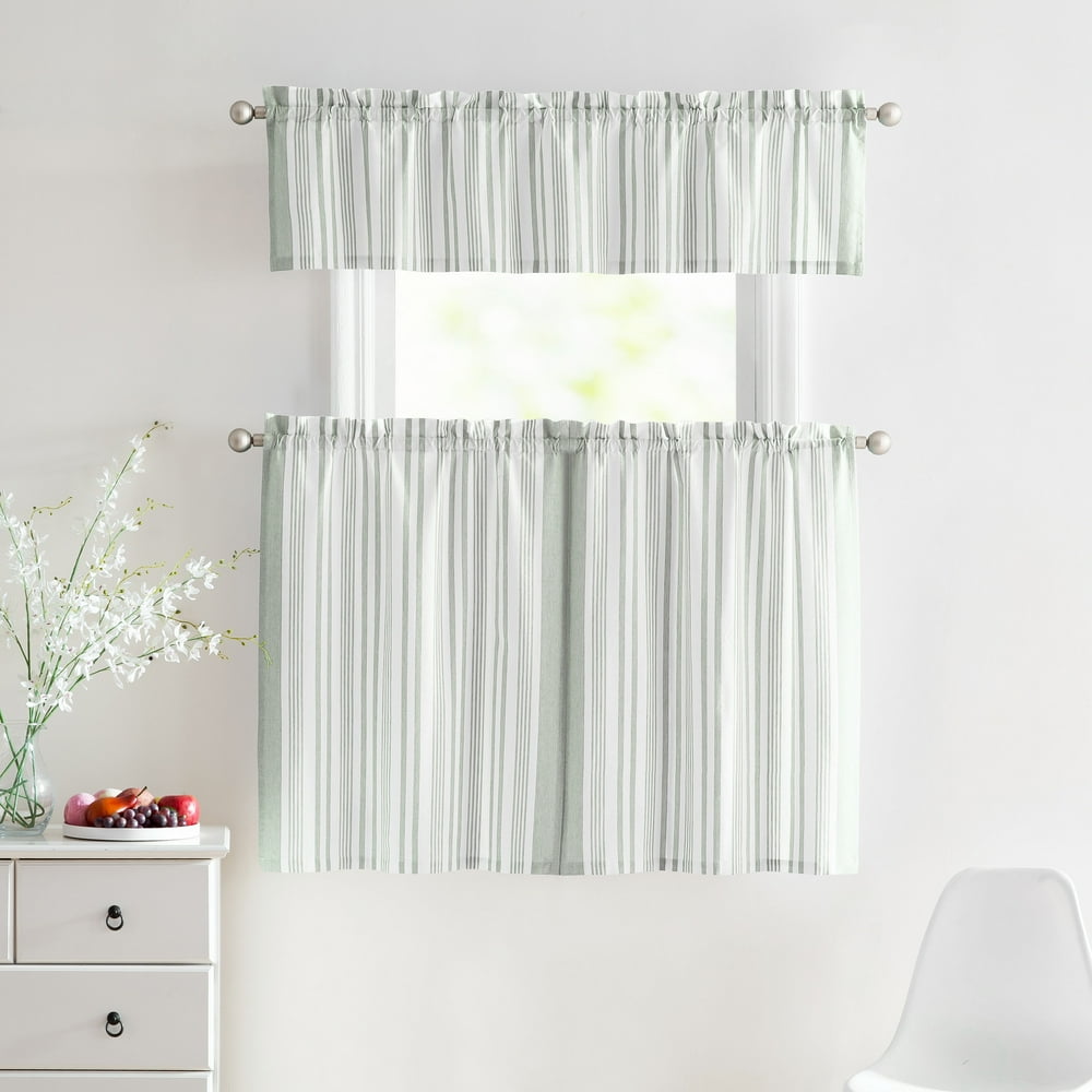 3 Piece Window Curtain Set 100 Cotton Stripe Design, One Valance, Two