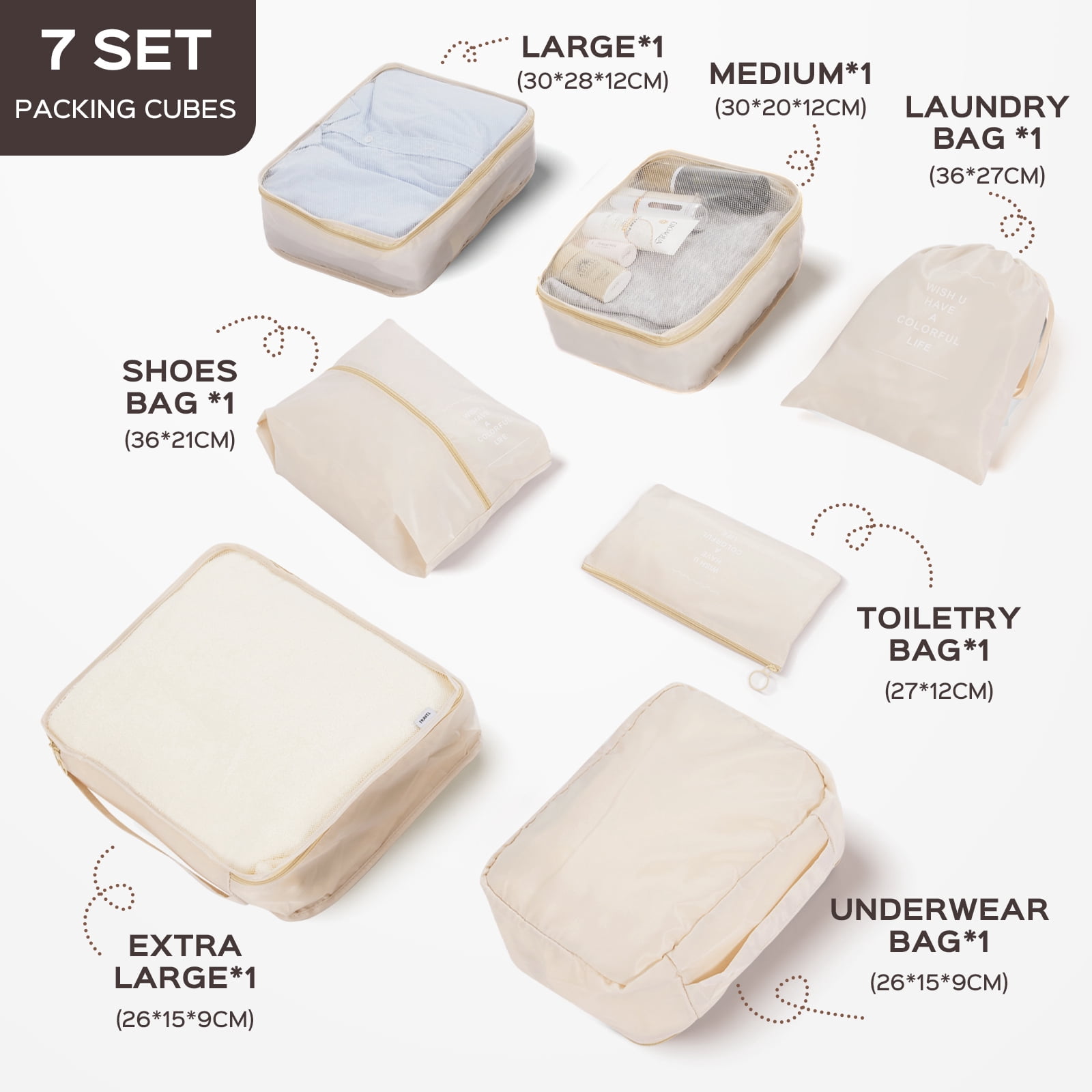 Gowill 4 Piece Luggage Sets with 7 Pieces Organizer Bags, 20/24/28/32 inch ABS Carry-on and Checked Suitcase Large Travel Sets, White Tan