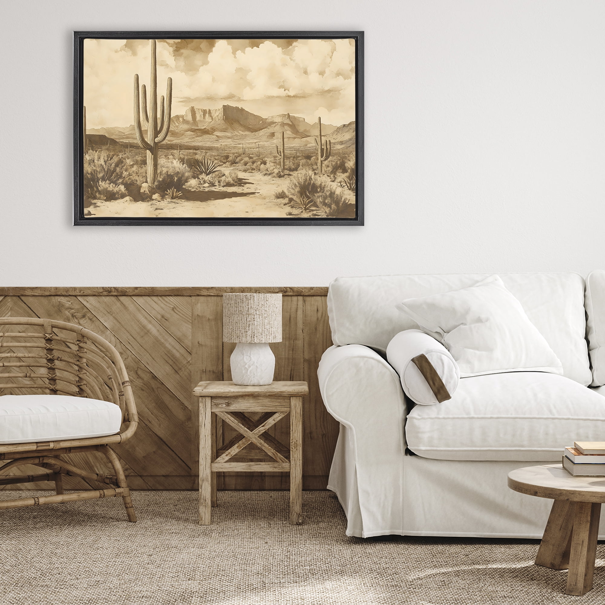 Stupell Industries Vintage Desert Peaks with Saguaro Black Framed Floater Canvas Wall Art, design by Franklyn Gregory