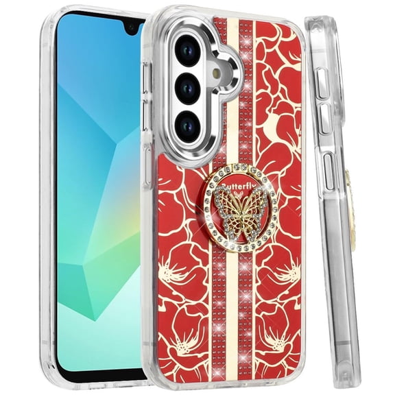 XPM for Samsung Galaxy A16 5G Phone Case, Diamonds 3D Butterfly Floral Design Bling Sparkly Glitter Hybrid Metal Fashion with Ring Stand Cover for Galaxy A16 (Red)