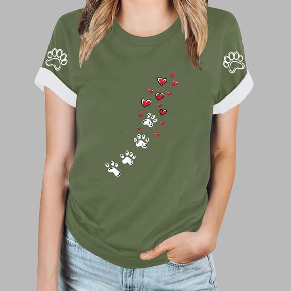 Womens Shirts Cute Dog Paw Heart Letter Print Loose T-Shirts Fashion Blouses Summer Short Sleeve Round Neck Tops