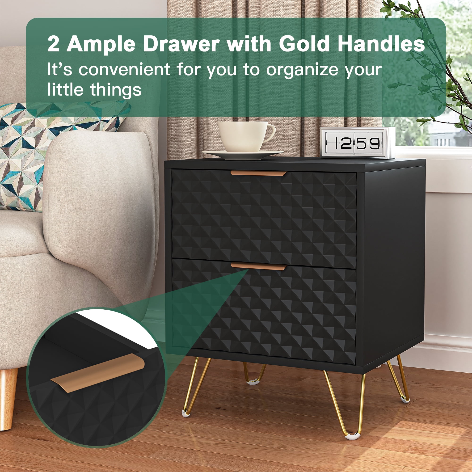 2 Drawer Bedroom Nightstand Set of 2 with Gold Metal Handle and Legs, Black Bedside Table