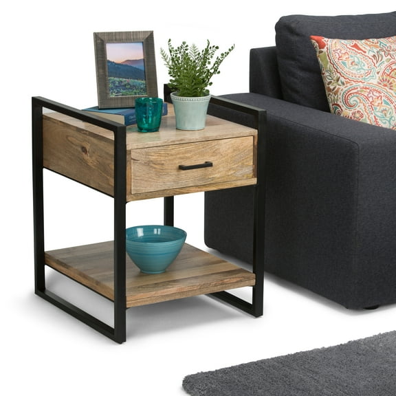 WyndenHall Lawson SOLID MANGO WOOD and Metal 20 inch Wide Rectangle Modern Industrial End Side Table - 19.7 W x 22 D x 25.6 H Natural
