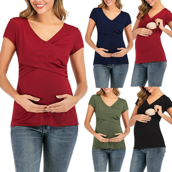 YUANxueke Maternity Tops for Women V Neck Tunic Shirts Casual Nursing Tops Short Sleeve Pregnancy Outfits Soft Clothes