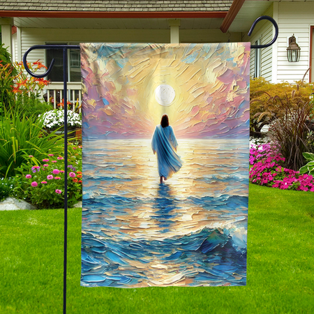 Lotusprinthandmade Miracle Christian Jesus Walking 100% Polyester Garden Flag 12x18 inches