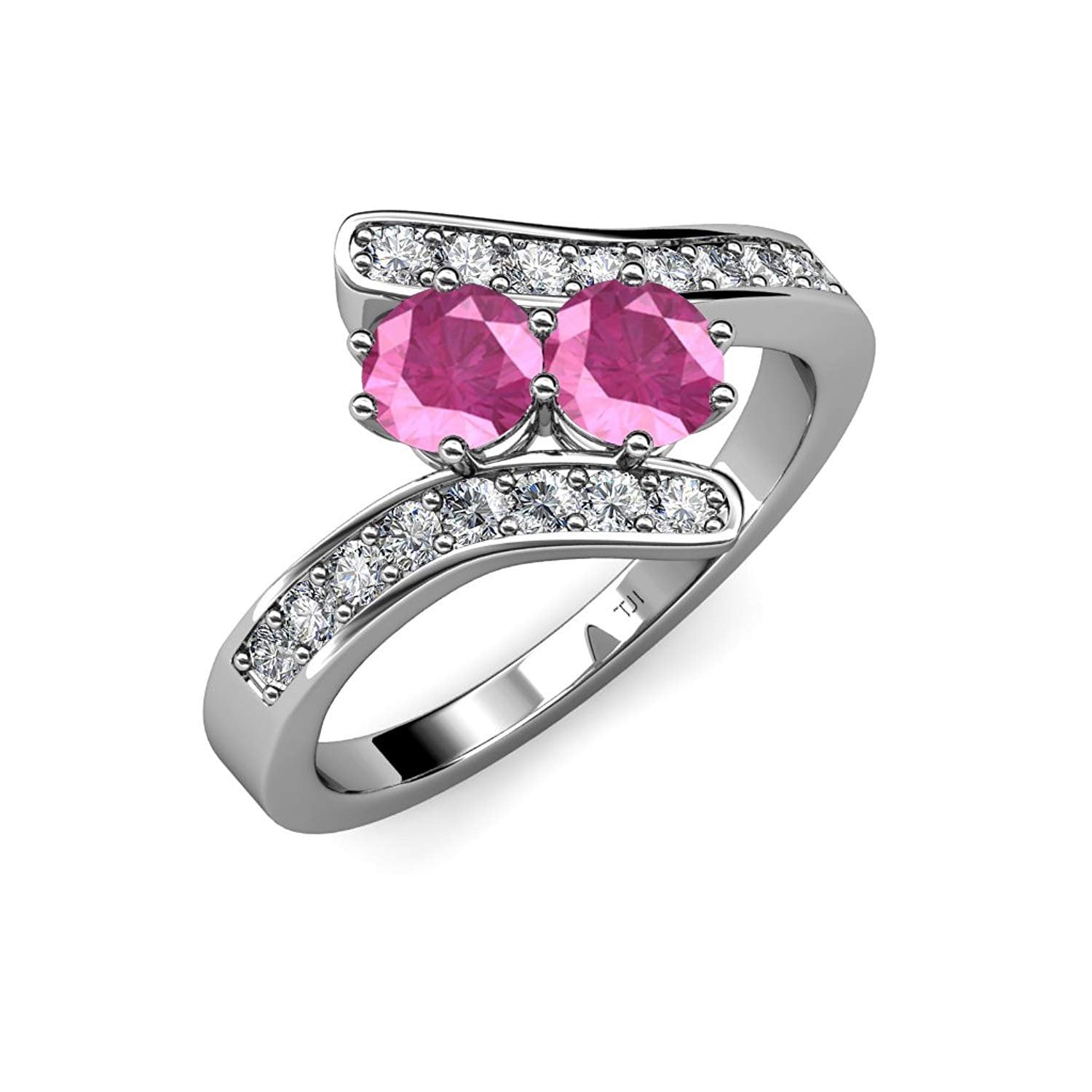 Pink Sapphire 2 Stone with Side Diamonds Bypass Engagement Ring 2.14 ct tw in 14K White Gold.size 4.5 by TriJewels