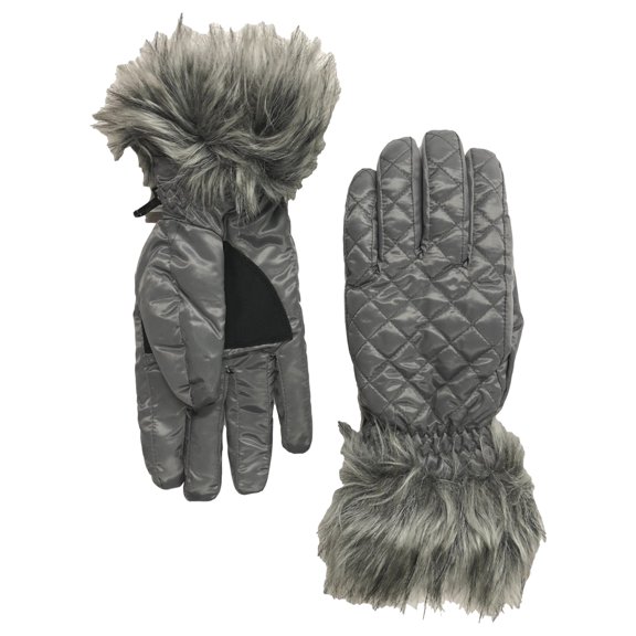 Fownes Womens Quilted Gray Faur Fur Trimmed Winter Snow & Ski Gloves L-XL
