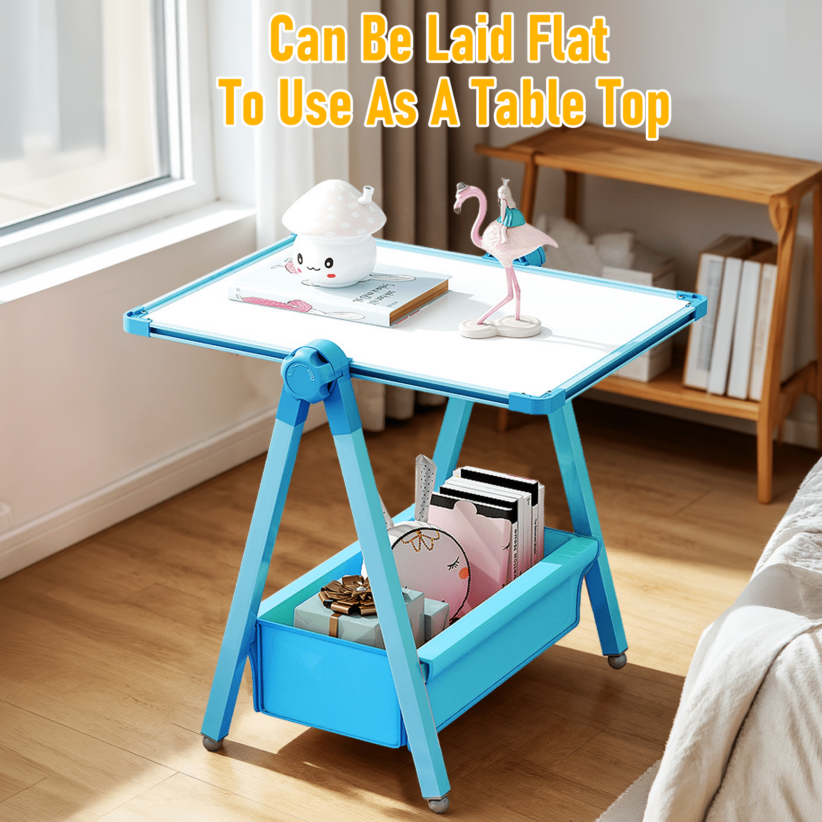 Art Easel for Kids, Double Sided Magnetic Kids Easel, Adjustable 360°Rotating Whiteboard & Chalkboard for Boys and Girls, Blue