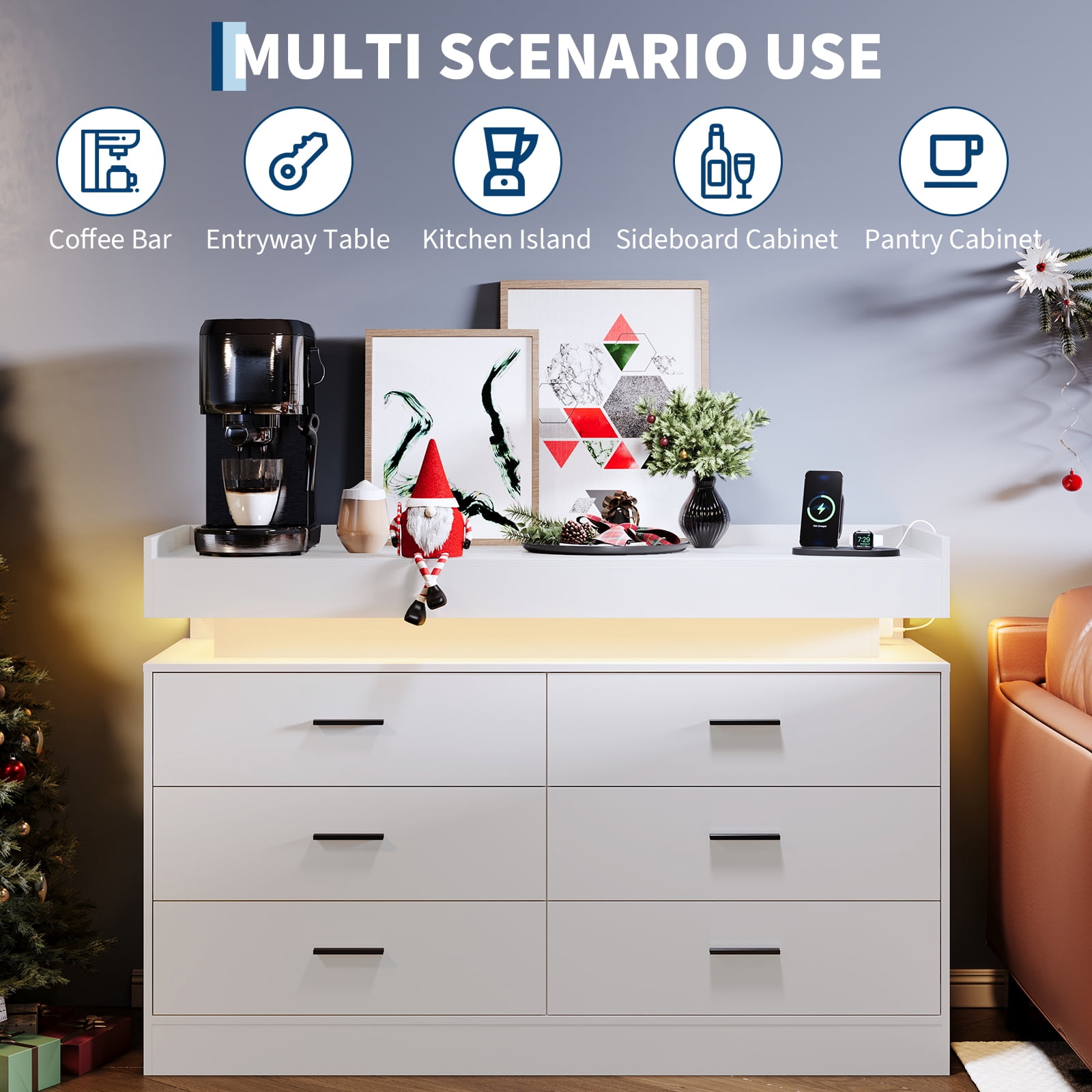6 Drawer Double Dresser with Power Outlet, Accent Chests of Drawers with LED Light, Modern Storage Dresser with Charging Station