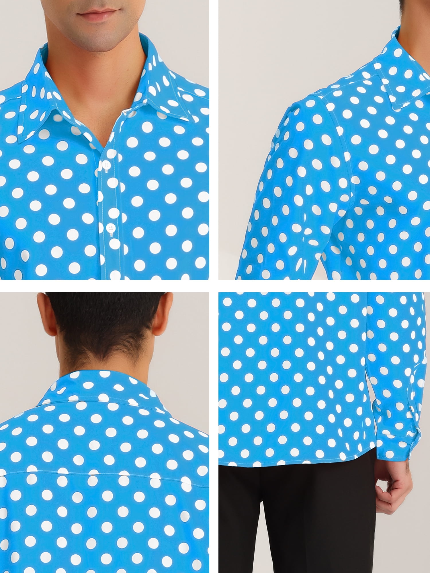 Unique Bargains Men's Polka Dots Print Dress Shirt Long Sleeves Casual Shirts XL Blue