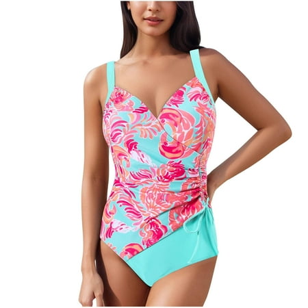Ayolanni Bodysuit Women Swimsuits for 2025 V-Neck Tropical Pink Modest One-Piece Teen Swimsuits M