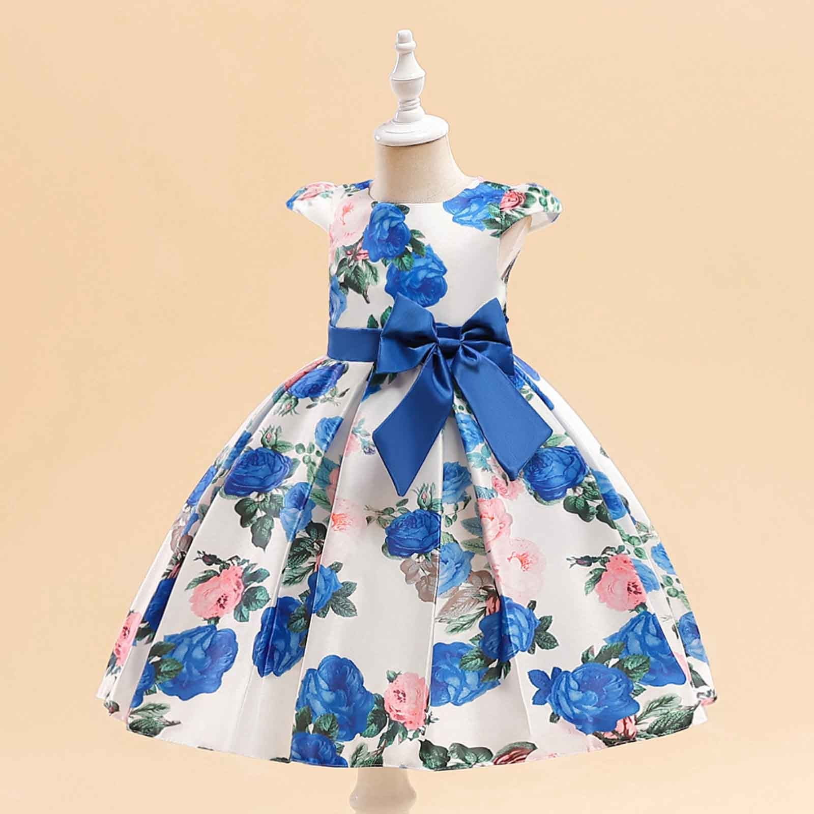 Kogui Ball Gowns for Girls Little Girls Dresses Short Sleeve Casual Birthday Party Dress Toddler Kids Swing Twirly Summer Sundress 3T 4T (Blue,3-4 Years)