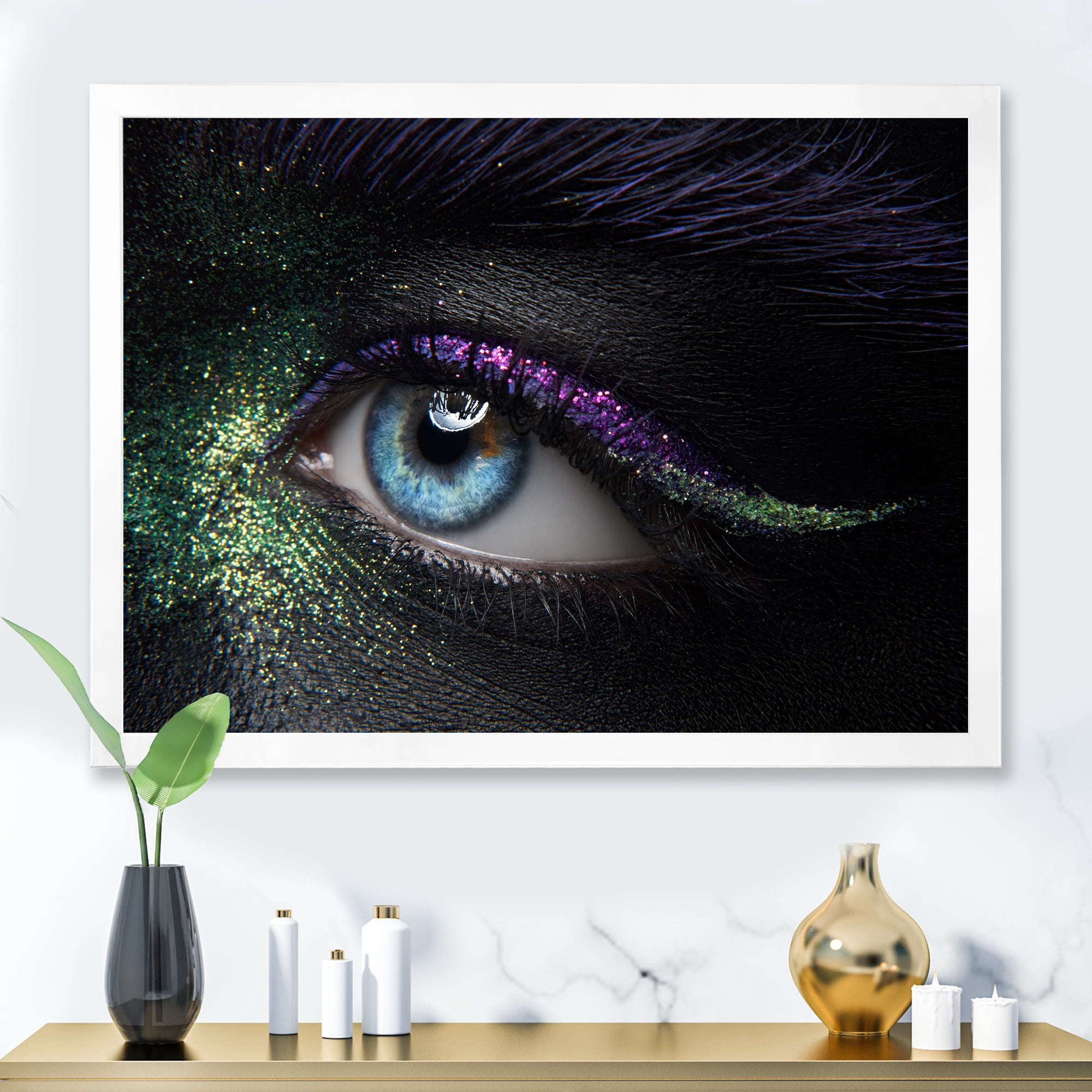 Designart 'Woman Eyes With Green & Purple Pigment & Sparkles' Modern Framed Art Print