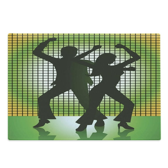 70s Party Cutting Board, Silhouette Illustration of Couple Dancing in Disco Love, Decorative Tempered Glass Cutting and Serving Board, Large Size, Pale Green Dark Green, by Ambesonne