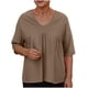 thumbnail image 1 of Camisetas de Manga Media para las Mujeres Color Sólido Raglan V-Cuello Patchwork Plisado Top, Nylon Spandex, 1 of 7
