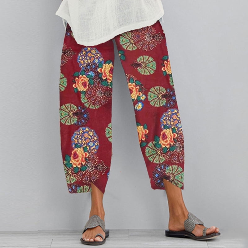 ZANZEA Women Elasitc Waist Vintage Floral Print Pants Cotton Linen ...