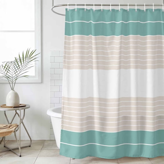 Turquoise Beige Stripe Small Stall Shower Curtain, Waterproof Shower Curtains for Bathroom, Modern Art Horizontal Striped Washable Fabric Cloth Bath Curtain for Bathtub with Hooks 36x72 Inches