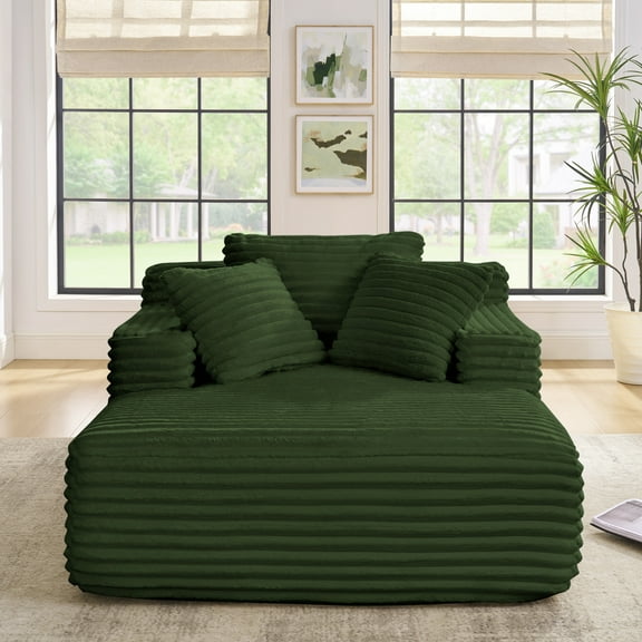 63'' Oversized Chaise Lounge Chair Indoor, Corduroy Upholstered Sleeper Sofa Bed, Deep Seat Sleeper Couch, Cozy Reading Chairs for Living Room Bedroom Movie Room, Green