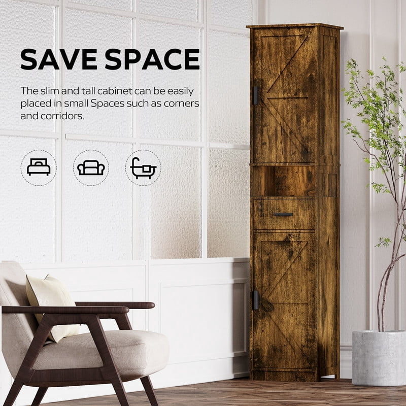 69"H Bathroom Storage Cabinet,Narrow Floor Cabinet with 2 Barn Doors, 1 Drawer & Adjustable Shelves