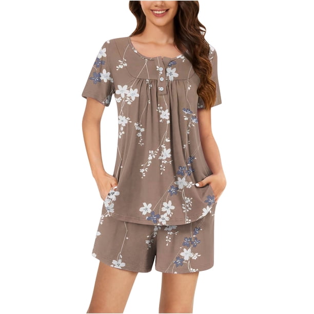 Conjunto de Ropa de Salón de las Mujeres Impreso Cuello Redondo Manga Corta Superior Y Pantalones, Ropa de Casa Suave Dos Piezas