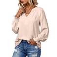 thumbnail image 2 of ClodeEU Women V Neck Long Sleeve Top,Casual Loose Fit Solid Blouse Beige,Women's Plus L, 2 of 6