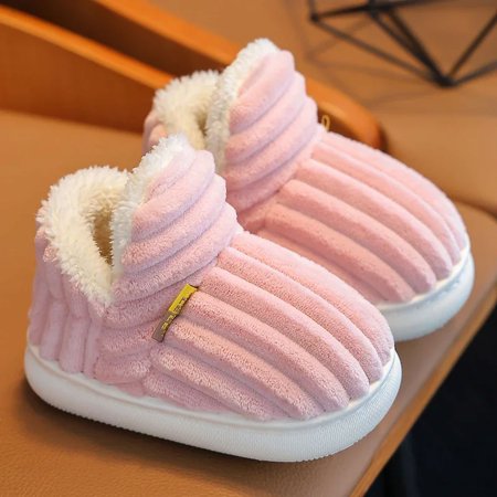 

New Winter Concise Stripe Plush Slippers Children s Non-slip Soft Sole Kids Boys Girls Heel Wrap Warm High Home Cotton Shoes F26444P 32-33(inner 19cm)