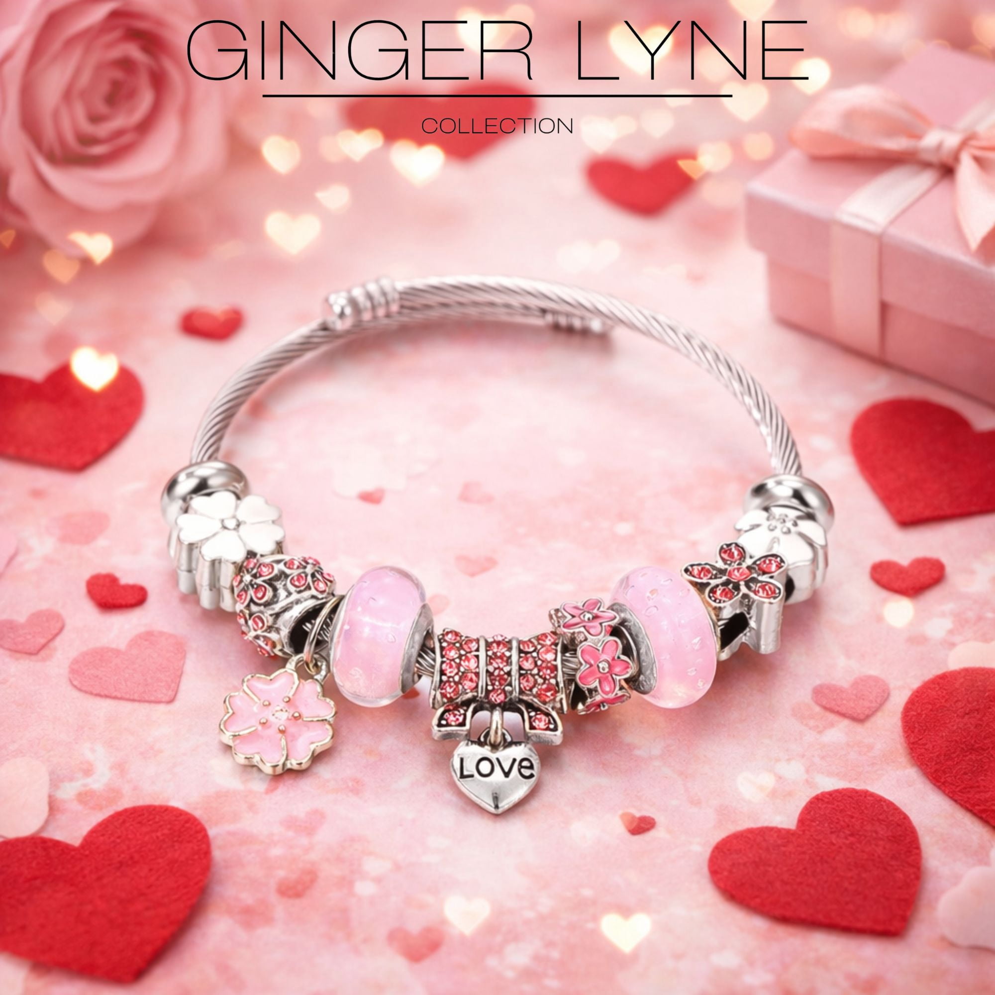 Love Theme Cable Charm Bracelet for Women by Ginger Lyne Alloy Pink Italian Style Beads Valentines Gift