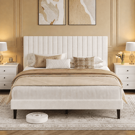Queen Bed Frame No Box Spring Needed, Queen Size Platform Bed Frame with Adjustable Headboard, Upholstered Bed Frame with Wood Slat Support for 1000lbs Weight Capacity, Beige