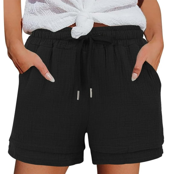 MIUOWANP Women's Bermuda Shorts Solid Color Casual Pockets Elastic-Waisted Linen Cotton Shorts with High Waist Size XXXL(14)Beige