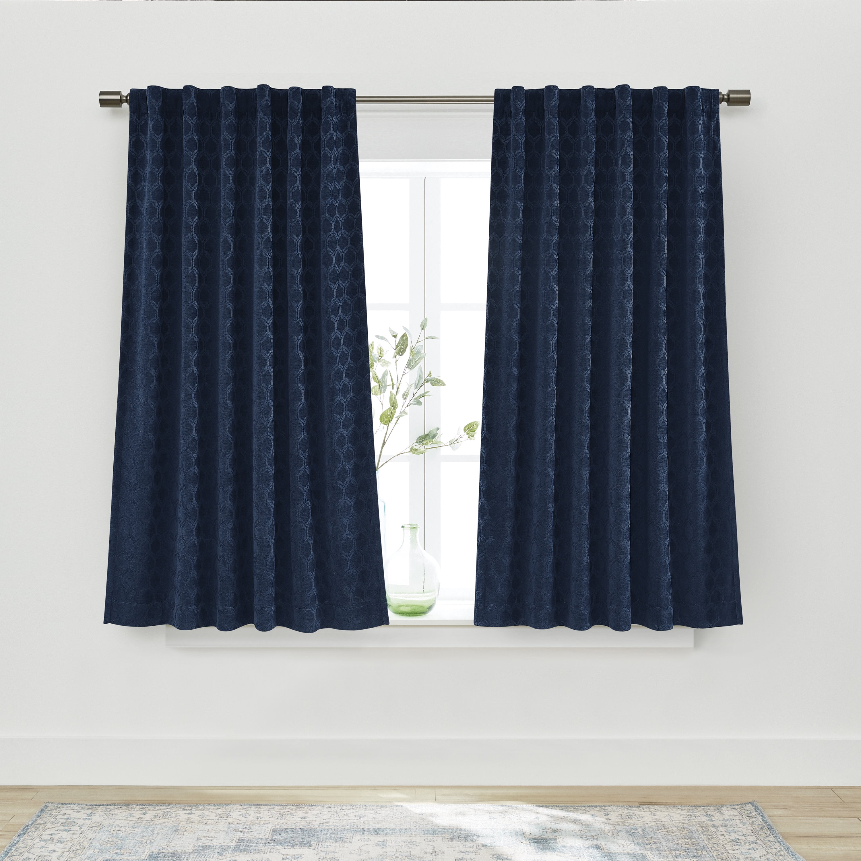 (2 pack) Better Homes & Gardens Jacquard Velvet Blackout Rod Pocket/Back Tab Single Curtain Panel, 1-Piece, Blue Cove, 50" W x 63" L