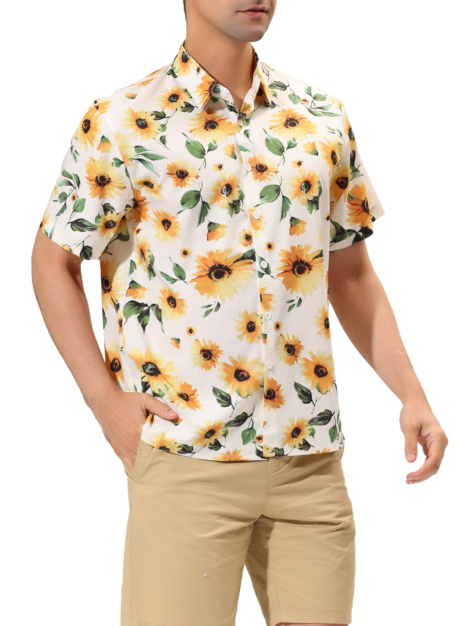 Unique Bargains Men's Summer Sunflower Printed Short Sleeve Button Down Shirt M White
