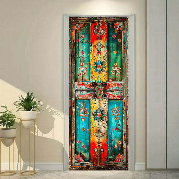 Oversized Bohemian Floral Door Wall Sticker - Removable Self-Adhesive PVC with Turquoise Blue Red Patterns